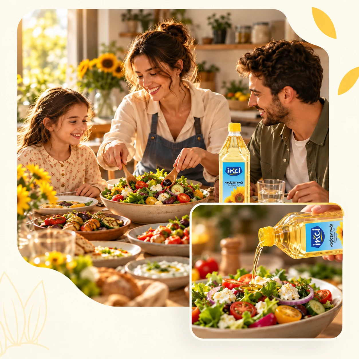 Birlikte salata hazırlayan aile ve tarif üzerine yağ eklenmesini gösteren yakın plan sofra kompozisyonu