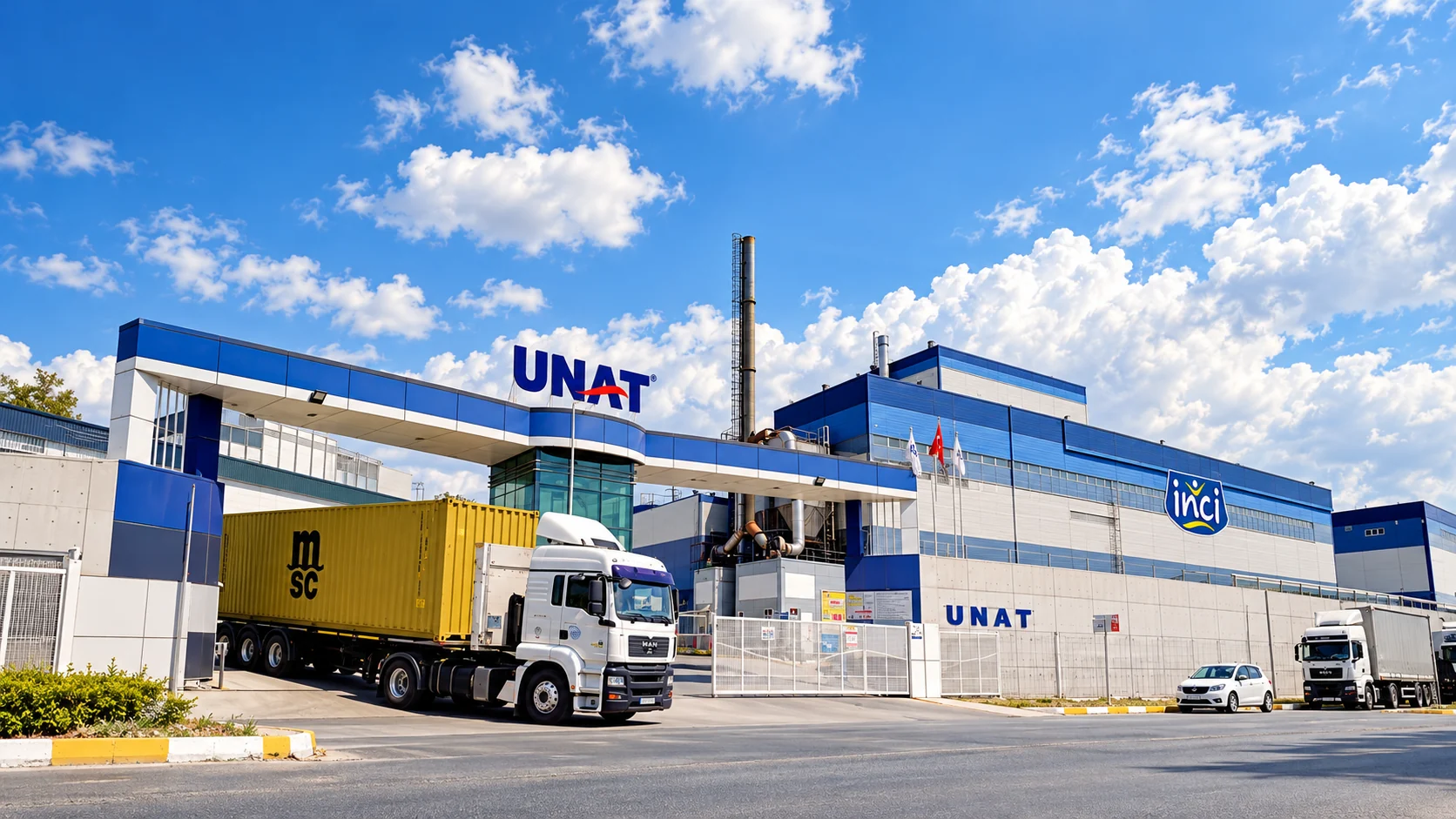 UNAT ve İnci tabelalarının yer aldığı üretim tesisi girişi ve fabrika binası